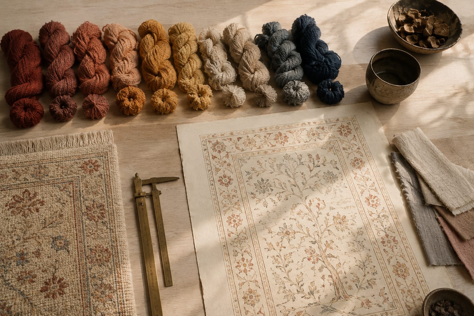 Skeins of dyed wool arranged by tone on a workshop table beside a colour drawing of a rug design