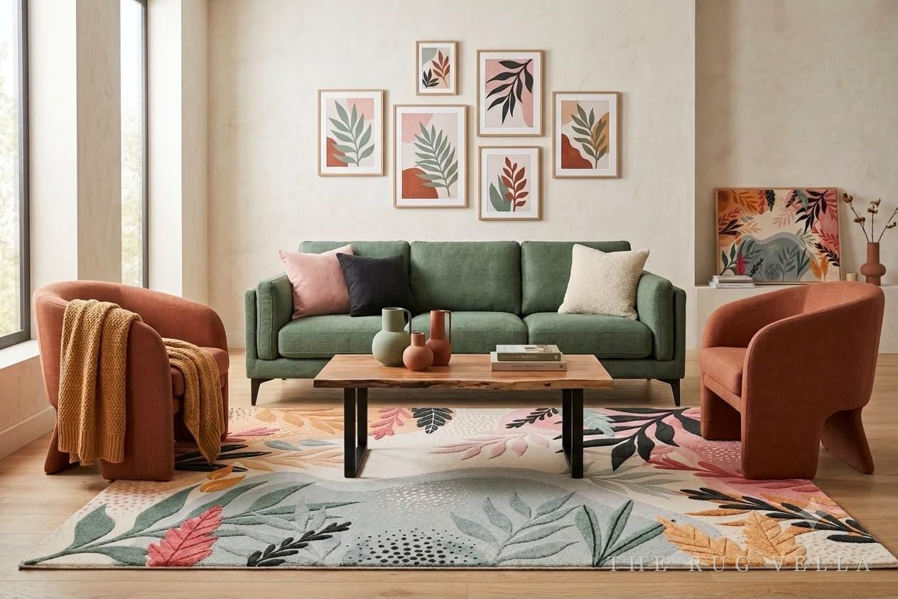 The Gulmohar hand-tufted botanical rug styled in a living room with a green sofa and terracotta chairs