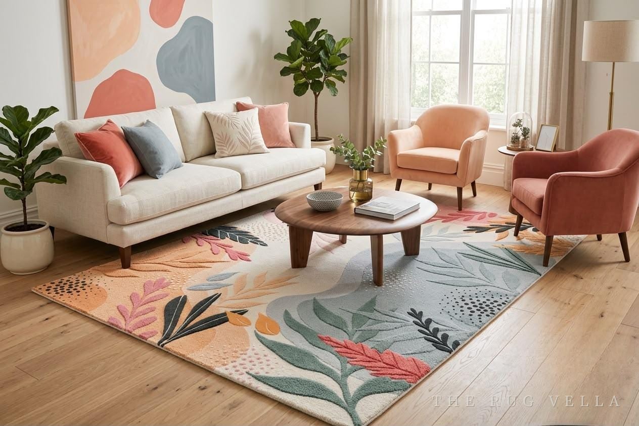 The Gulmohar rug anchoring a living room with a cream sofa and blush armchairs
