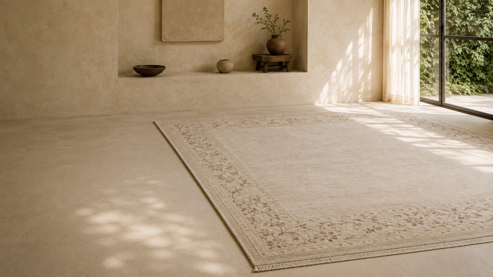 The Sangam rug in ivory wool with a fine madder botanical border, laid in a sunlit plaster-walled room